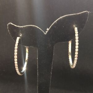 Silver Tone Clear Rhinestone Hoop Statement Earrings